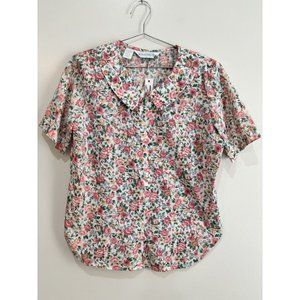 Vintage Sweet Briar size 10 White Floral Short Sleeve Peter Pan Collar Button up